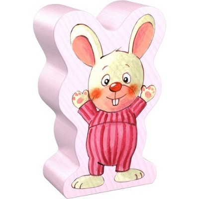 Figura decorativa em forma de coelho vestindo pijama às riscas cor-de-rosa