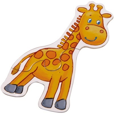 Puzzle de madeira com imagem de uma girafa sorridente em amarelo e laranja