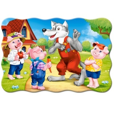 Desenho animado dos três porquinhos e um lobo numa paisagem exterior