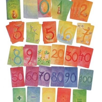 Cartas de papel coloridas com números e símbolos matemáticos.