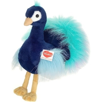Pássaro de peluche em azul com cauda turquesa e etiqueta Herzkam