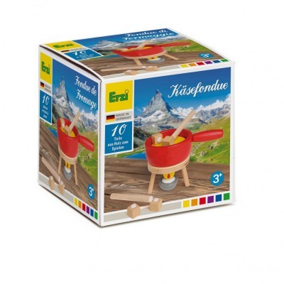 Brinquedo de fondue de queijo em madeira com panela vermelha e acabamento natural