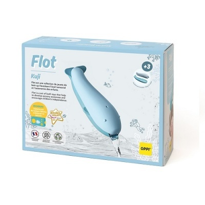 Brinquedo Flot Kuji golfinho azul na embalagem azul e branca