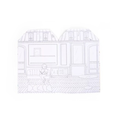 Papel dobrado com ilustração a traço fino a preto de interior de sala com criança e móveis