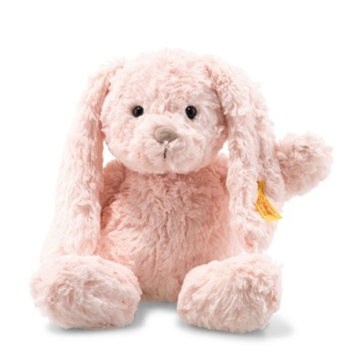 Coelho de peluche cor-de-rosa com pêlo macio e etiqueta na orelha
