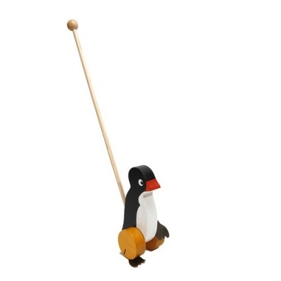 Brinquedo de empurrar pinguim em madeira com cabo longo