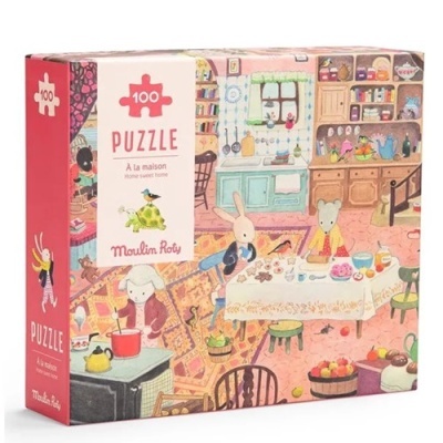 Caixa de puzzle 100 peças com ilustração de cozinha e animais antropomórficos