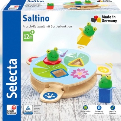 Brinquedo educativo de madeira Saltino com figuras de sapos verdes e peças para encaixar.