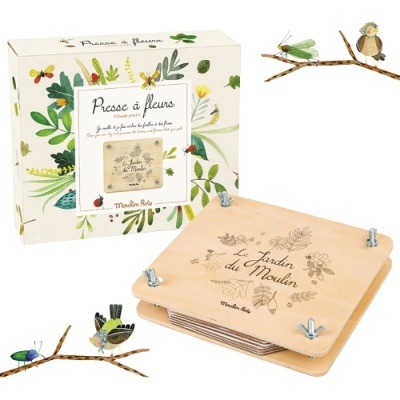 Kit para prensar flores de madeira com decoração e caixa ilustrada