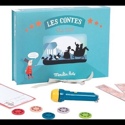 Caixa azul de brinquedo Moulin Roty com lanterna azul e acessórios coloridos