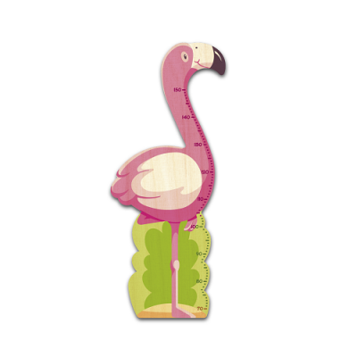 Medidor de altura infantil em forma de flamingo rosa com base verde