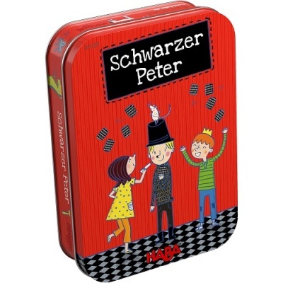 Caixa metálica vermelha com texto Schwarzer Peter e ilustração de crianças