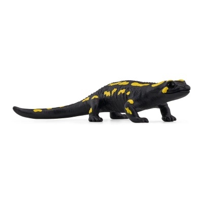 Figura de lagarto preto com manchas amarelas em fundo branco