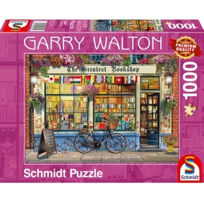 Caixa de puzzle com imagem de livraria com bicicleta e flores