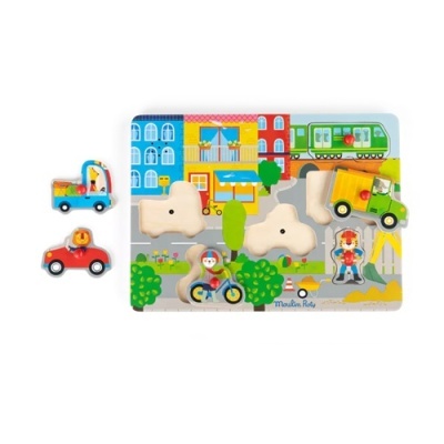 Quebra-cabeças infantil de madeira com veículos coloridos e cenário urbano