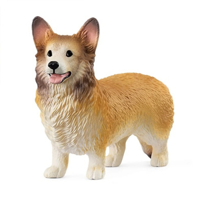 Figura decorativa de cão Corgi em plástico castanho e branco