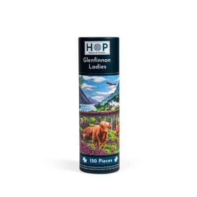 Embalagem cilíndrica de puzzle HOP Glenfinnan Ladies 150 peças com ilustração de vacas e paisagem.