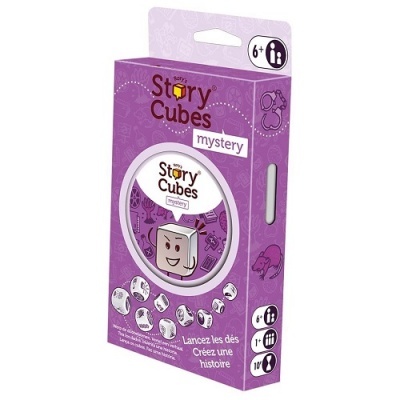 Embalagem roxa do jogo Story Cubes mystery com dados ilustrados