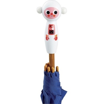 Guarda-chuva azul com cabo de madeira e pega com rosto de macaco branco e rosa