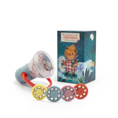 Lanterna de histórias infantil com discos coloridos e caixa ilustrada com urso.