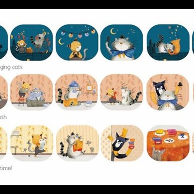 Páginas de livro infantil ilustrado com gatos e texto em francês e inglês