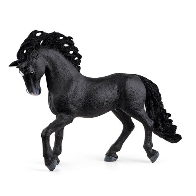 Cavalo preto de brinquedo com crina e cauda detalhadas sobre fundo branco