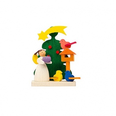 Pequena decoração de madeira com figura feminina, pássaros coloridos e árvore de Natal
