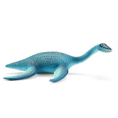 Boneco de dinossauro marinho azul com textura escamada e quatro nadadeiras