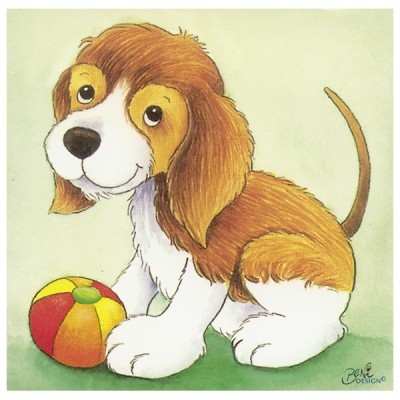 Ilustração de cãozinho castanho e branco com bola colorida