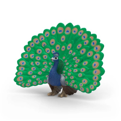 Estátua de pavão colorido com penas abertas