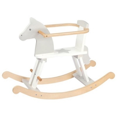 Cavalo de baloiço infantil branco com detalhes em madeira natural e estrela cinzenta