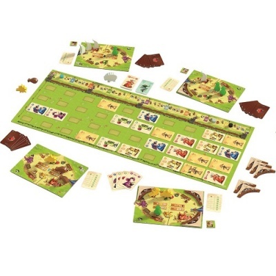 Jogo de tabuleiro com cartas, peças coloridas e tabuleiros menores