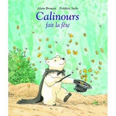 Capa de livro infantil com urso branco e borboletas sobre fundo verde
