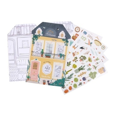 Conjunto de cartas e autocolantes com motivos de casa e elementos decorativos coloridos