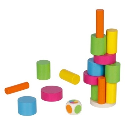 Brinquedo de peças cilíndricas de madeira colorida e dado colorido