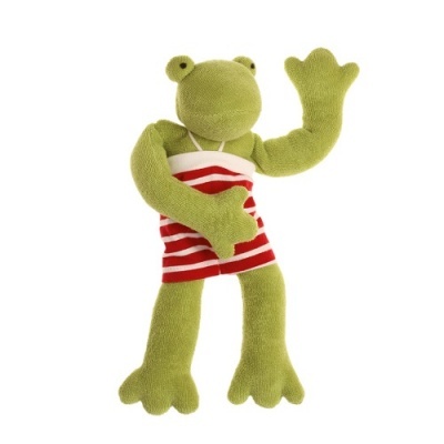Pelúcia de sapo verde com vestido às riscas vermelho e branco sobre fundo branco