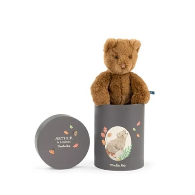 Urso de peluche castanho numa caixa cinzenta com ilustração e texto
