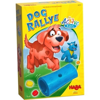 Caixa do jogo infantil Dog Rallye com ilustrações de cães e acessórios coloridos