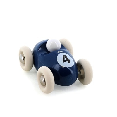 Carro de brinquedo azul escuro com rodas brancas e número 4
