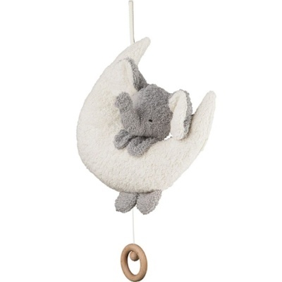 Brinquedo musical com elefante cinzento e lua branca