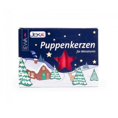 Caixa azul com velas vermelhas em forma de estrela, tema de inverno e texto em alemão.