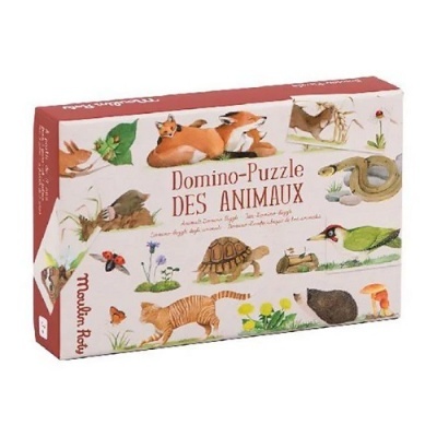 Caixa de dominó-puzzle com ilustrações de vários animais