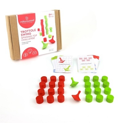 Jogo educativo de madeira com peças vermelhas e verdes e caixa de cartão