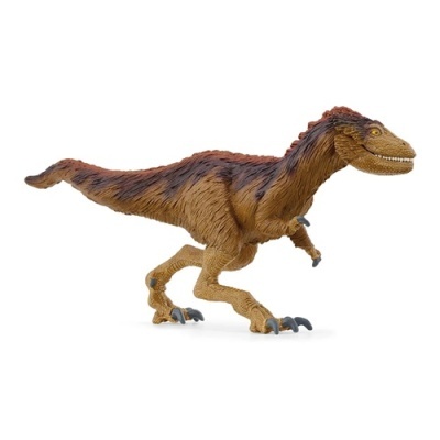 Figura de dinossauro castanho com textura peluda em fundo branco