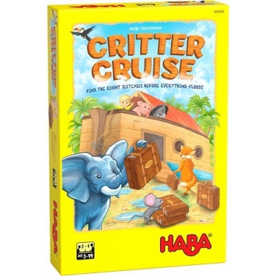 Caixa do jogo de tabuleiro Critter Cruise, amarelo, com ilustração de animais e malas
