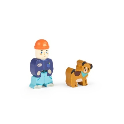 Figura de madeira de homem com capacete e cão de madeira com bandana