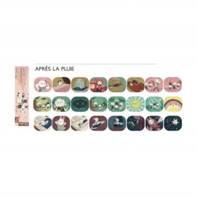 Conjunto de autocolantes temáticos com personagens e texto APRÈS LA PLUIE em fundo branco