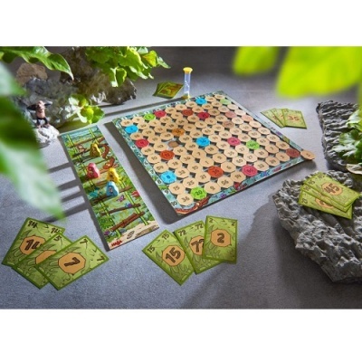 Jogo de tabuleiro com hexágonos coloridos, cartas verdes numeradas e peças coloridas em ambiente com plantas e pedras.