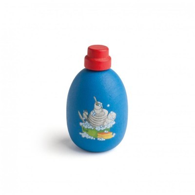 Frasco azul com tampa vermelha e ilustração colorida