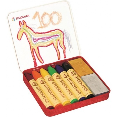 Conjunto de 6 cera escolar STOCKMAR em caixa metálica com ilustração de cavalo e número 100